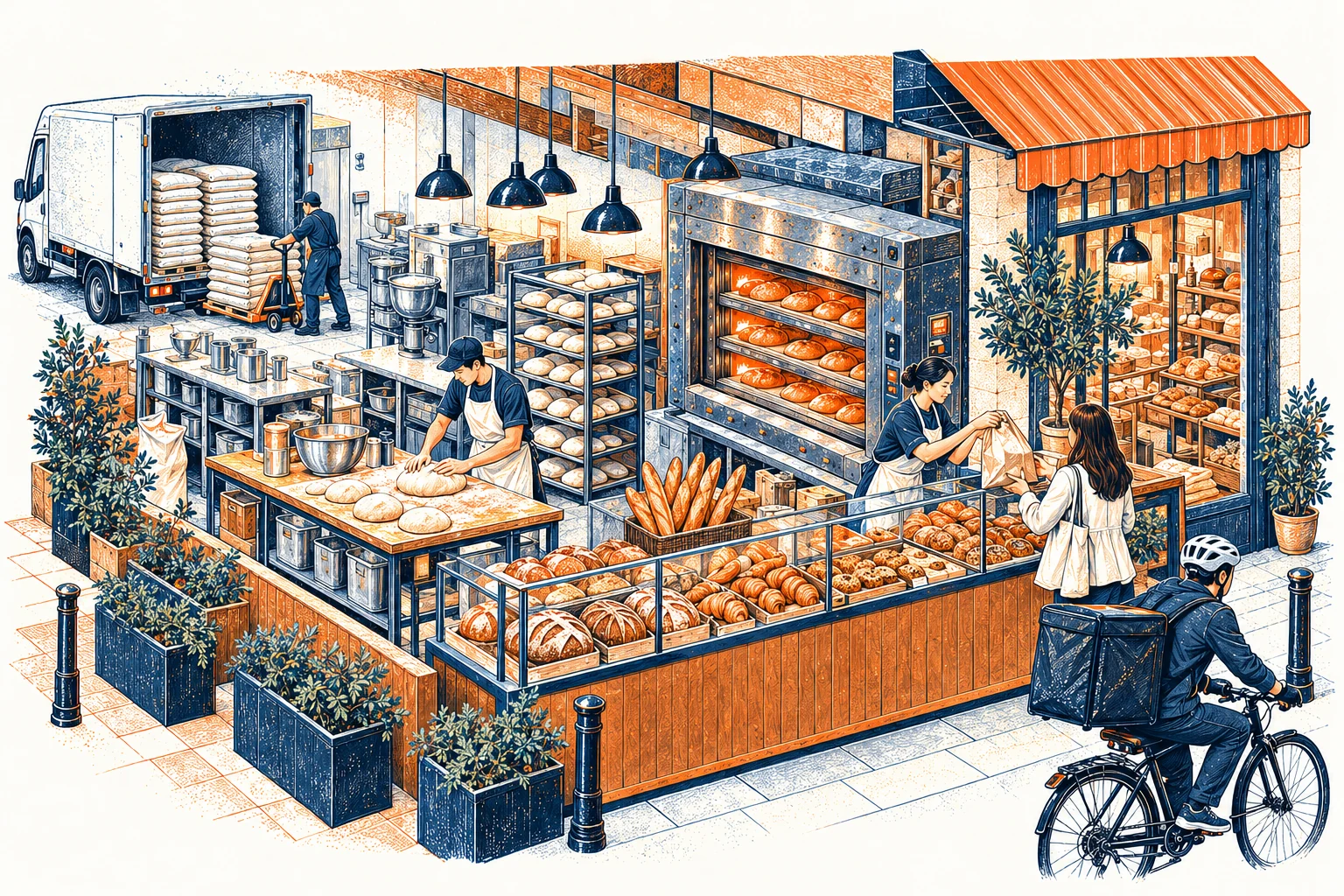 An illustrated bakery cutaway with people preparing dough, baking, displaying bread and serving customers.