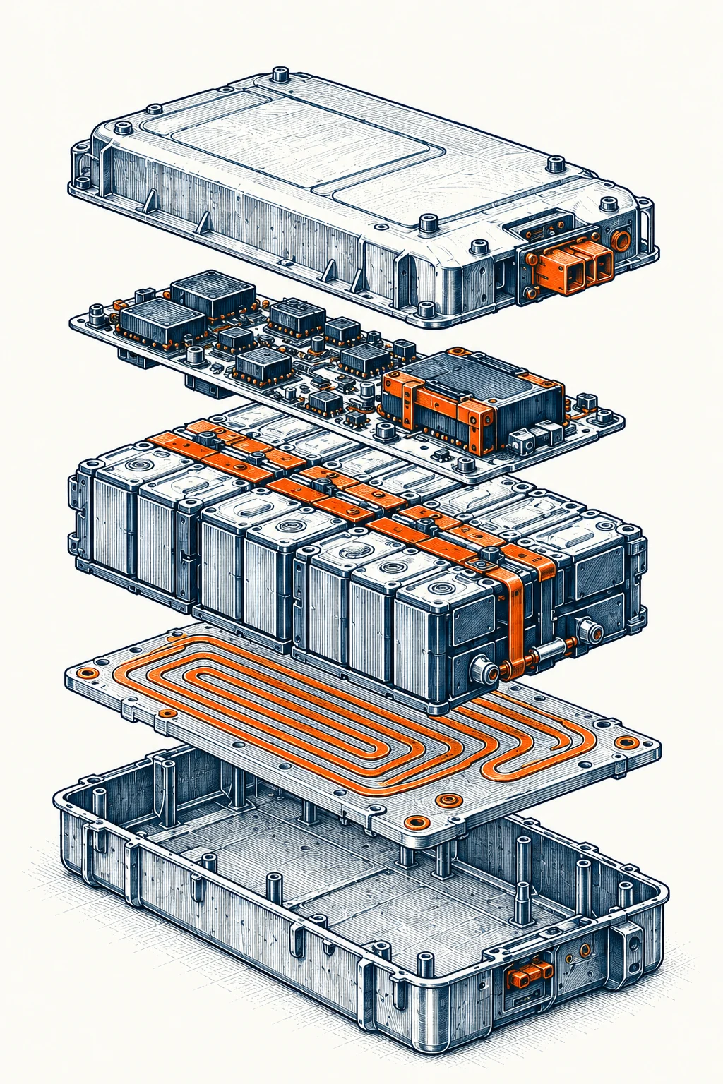 A conceptual exploded battery pack showing the enclosure, cells and supporting layers. Not a construction diagram.