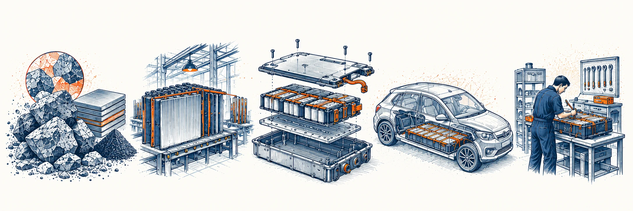 A conceptual illustration of materials, cell manufacturing, a battery pack, an electric vehicle and a service workshop.