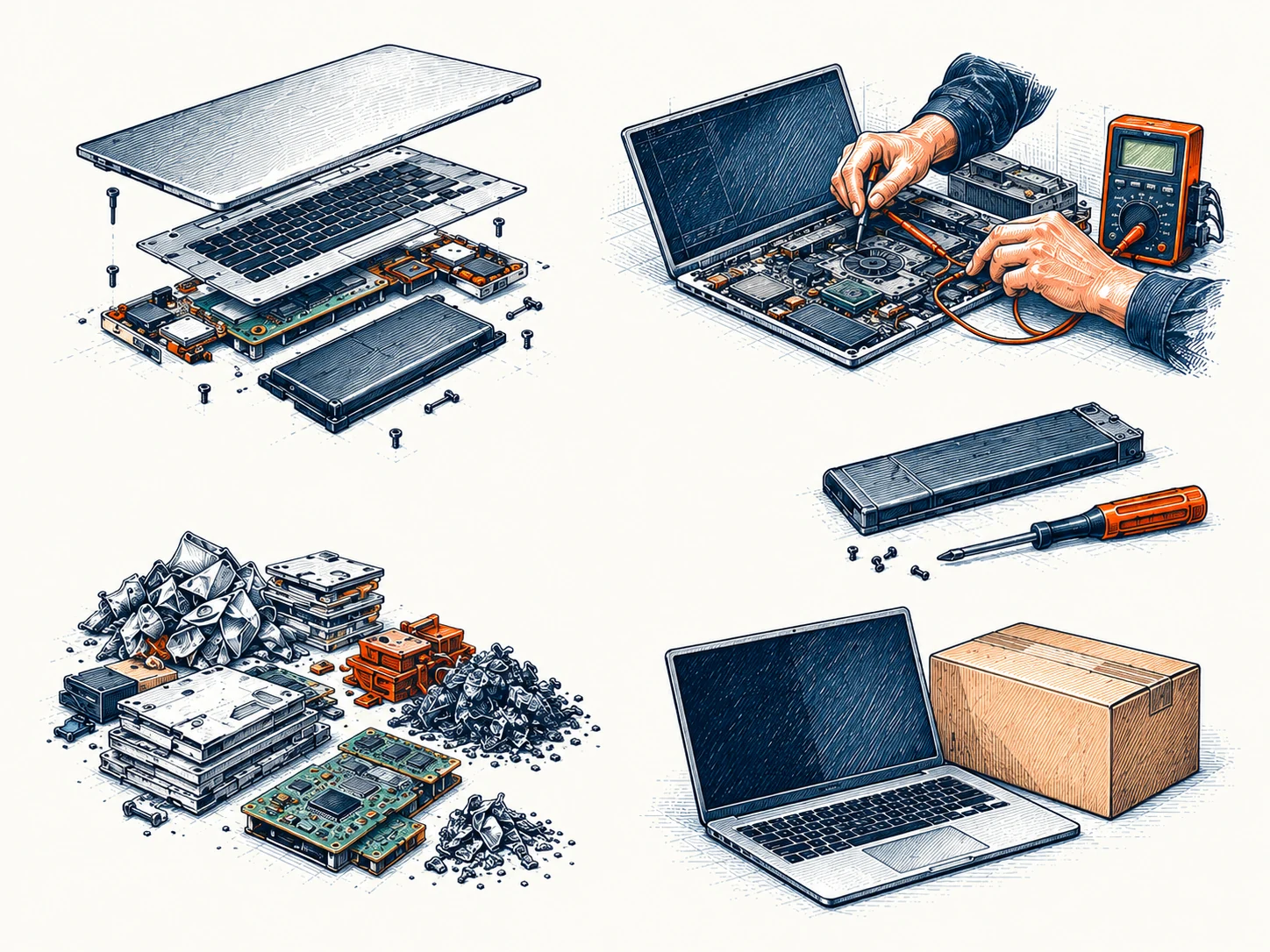 A conceptual collection of a laptop, components, testing equipment, repair tools and refurbished equipment.